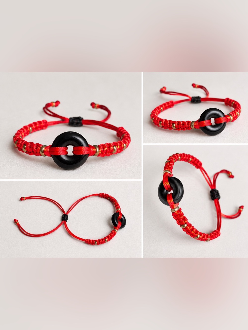 Handmade Adjustable Red Braided Bracelet with Black Obsidian Donut